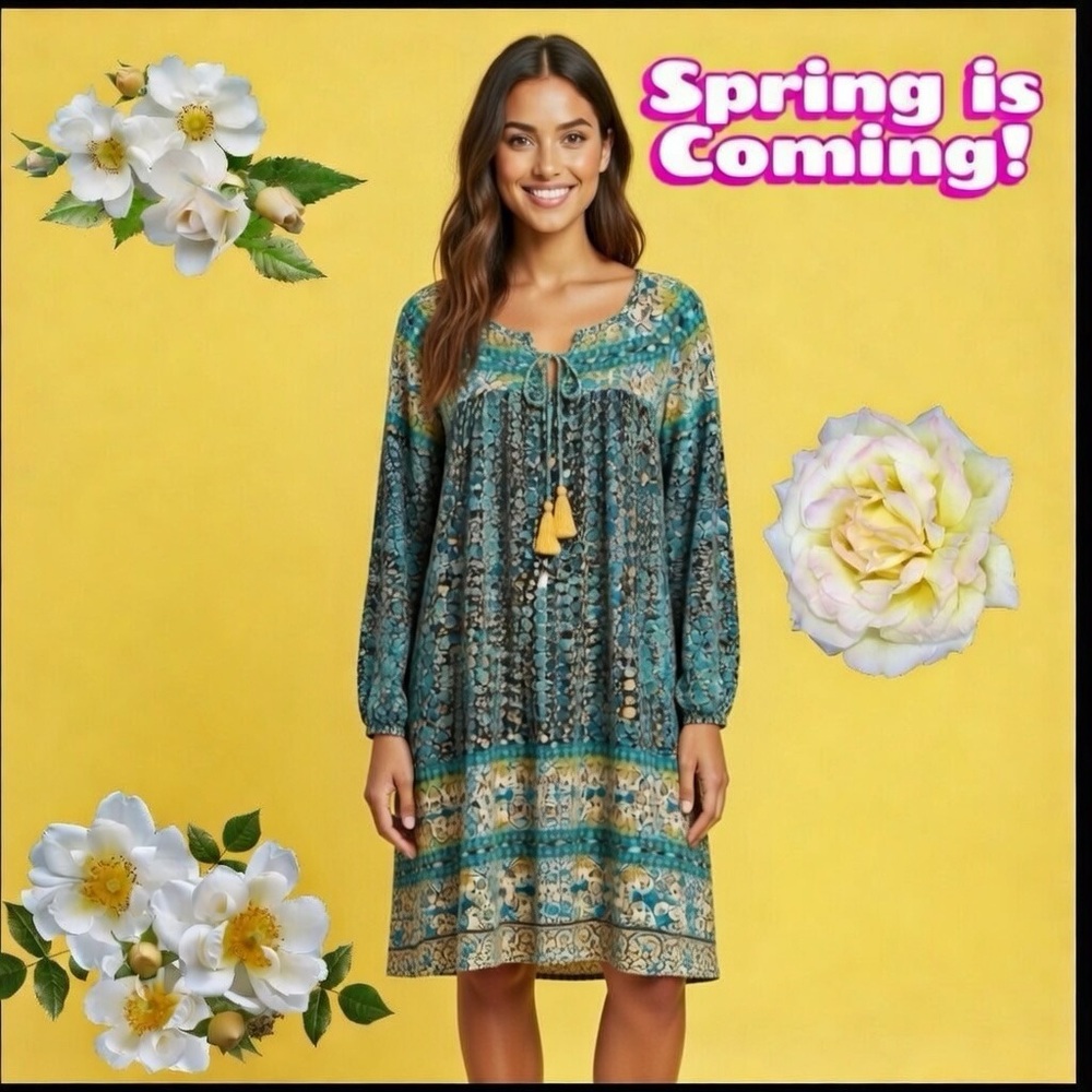 Boho Floral Print Bell Sleeve Dress Teal Blue Black Paisley Tassel Tie Midi